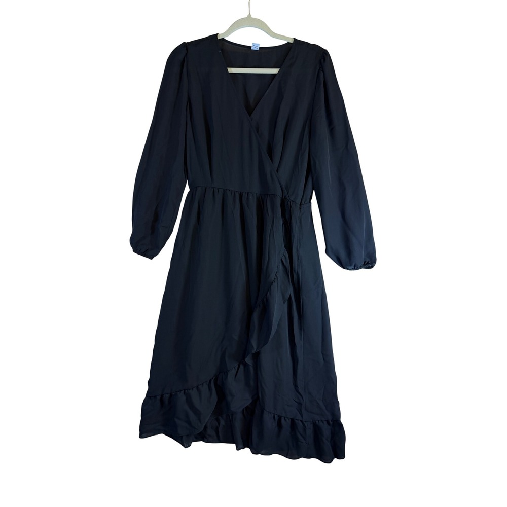 Old Navy Womens Black Faux Wrap Ruffle Midi Dress Long Sleeve V-Neck Size M NEW
